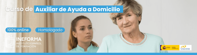 Banner del curso de formación sobre las funciones del auxiliar de ayuda a domicilio y atención sociosanitaria.