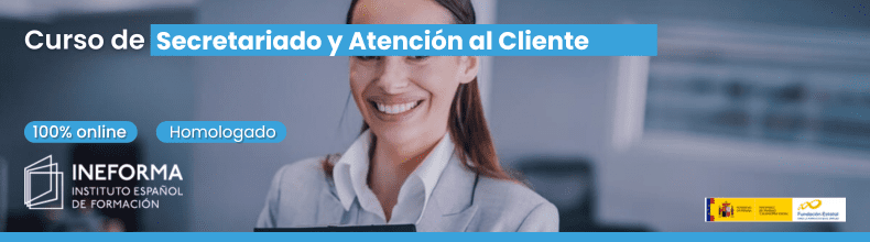 Banner informativo de Ineforma mostrando qué se estudia en un curso de secretariado y atención al cliente para la inserción laboral.
